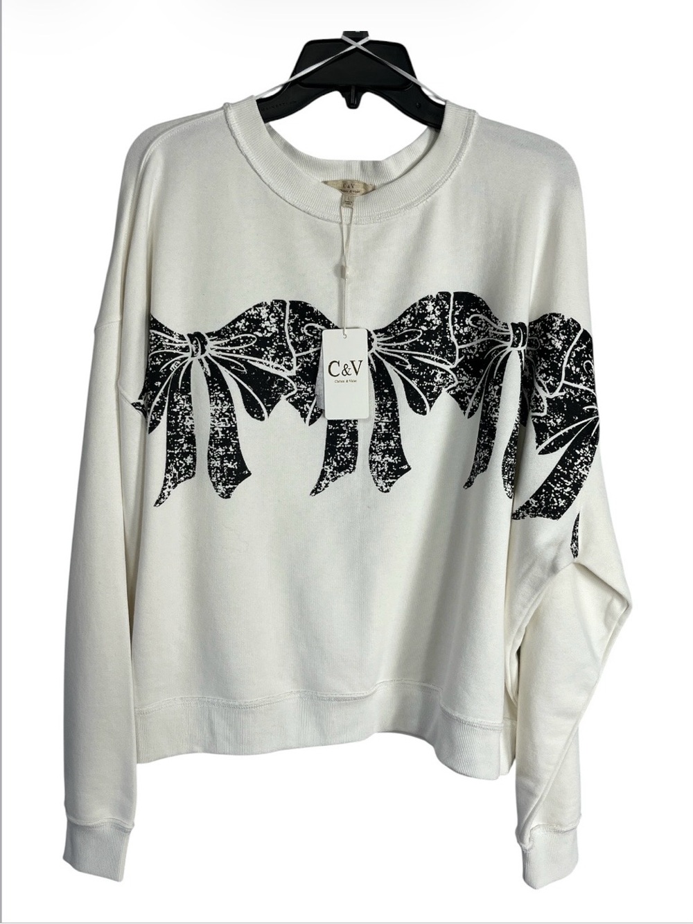 NWT Chelsea and Violet CV True Ivory Bow Graphic Oversized Sweatshirt Size L